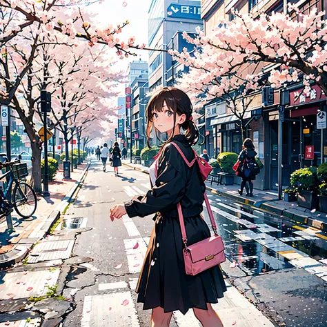 masterpiece, 1girl, solo, walking on the street, Tokyo, spring, cherry blossoms