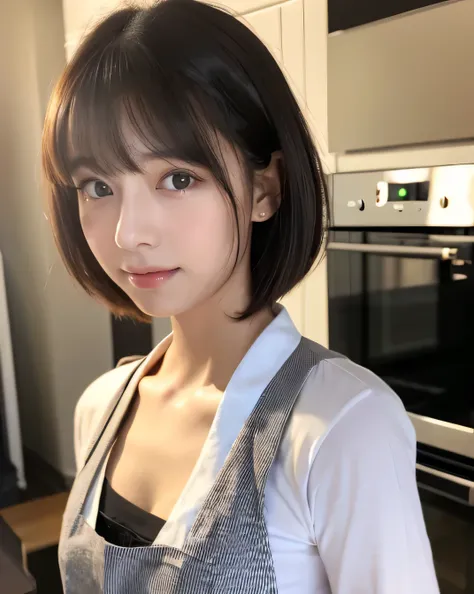 masterpiece、1. Cute girl、(Apron appearance、kitchen:1.3)、Detailed Eyes、Puffy eyes、highest quality, 超High resolution, (reality: 1.4), Cinema lighting、Asian Beauty、Japanese、Super beautiful、Beautiful Skin、thin、Healthy Beauty、(Thigh height:1.2)、Body facing forw...