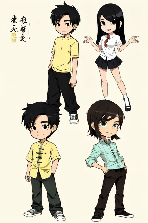 Cartoon characters，in a Chinese comic style，17-year-old Chinese male, Black hair，Slightly yellowish hair tips, Normal figure,whole body, Clear eyes,Wearing linen clothes