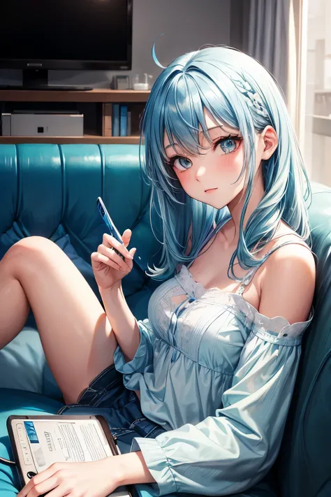 1girl, bluenette hair, light blue hair, next door girl, laying on couch, soft smile, playing console 