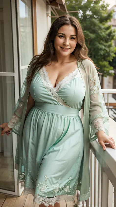 A beautiful and hot almost chubby mature woman.who wears a short green patterned dress with lace-like sleeves over which she wears a white coat. And standing on the balcony in the village. A smiling face