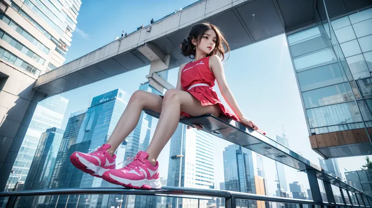 Girl in colorful dress，(Look from the bottom up:1.3)，athletic sneakers，Shallow space，Urban architectural background，Sit Pose，dynamicposes，Sitting on the balcony on the roof of the glass podium, Best quality, Masterpiece, 8K，depth of fields