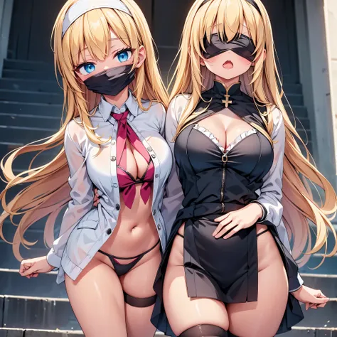 highest quality,wonderful,finely,extremely detailed CG Unity 8K wallpaper, (girl, very long hair, blonde, clothed), (white nun :1.2), (midium breasts), (loincloth),  (cleavage cutout), (open mouth:1.1), (long tongue:1.1), (mouth drool:1.1), (black stocking...