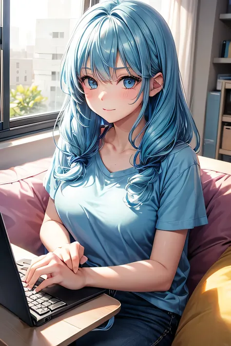 1girl, bluenette hair, light blue hair, next door girl, laying on couch, soft smile, playing computer , gaming, 