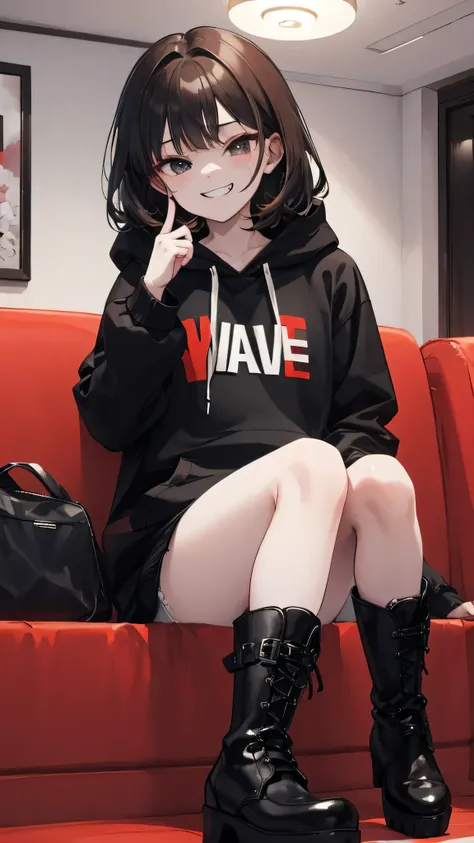 Female 3P、cute、evil grin、Inside the Hotel、Sitting、
black and White hoodie、Red and black hoodie、White hoodie、(black platform boots)、black platform boots、perfect finger、
Brown Hair、Black Hair、Black Hairロング、3✕3の目、black eye、