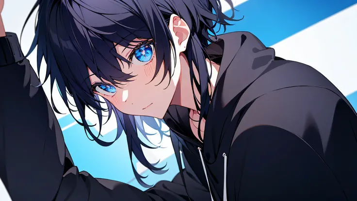 One Boy、Black Hair、blue eyes、Black hoodie、Upper Body、cool、The whole head is visible