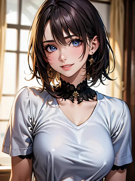 highest quality, Ultra-high resolution, (Realistic: 1.4), beautiful Eyes, Super beautiful, Very short hair, beautiful, lover, Rough chest T-shirt, beautiful Soldier, Eyes that beckon the viewer, loverの視点, Attractive expression, Sexy smile, Perfect Style, P...