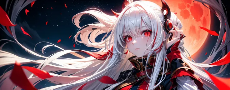 Beautifull long white haired human girl with red eyes with red moon in background