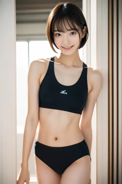 The beauty of 8K raw photos:2.0, Japanese woman, short hair, great face and dark eyes, looking down, looking at the viewer:1.5, big smile, wet hair, spread the legs wide, tiny top, (white sports wear:1.2), shinny skin, realistic:1.9, very detailed, cowboy ...