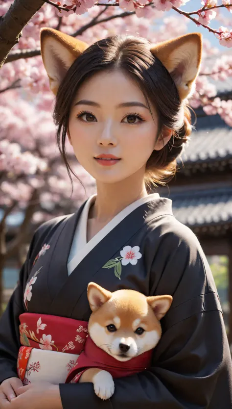 ((Masterpiece in maximum 16K resolution):1.6),((soft_color_photograpy:)1.5), ((Ultra-Detailed):1.4),((Movie-like still images and dynamic angles):1.3). | ((cinematic photo of beautiful Japanese lady in a kimono with her cute Shiba Inu):1.3), (Beautiful Jap...