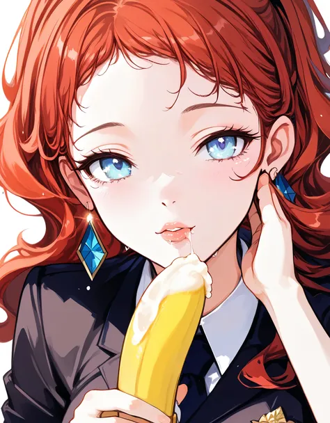 (masterpiece, best quality: 1.2), 1wavy hair secretary，sexy eyes,head close-up，wet sexy lips，a lot of saliva ，eating banana，earr...