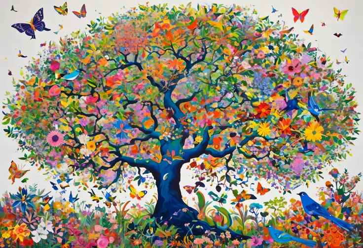 A painting of a tree with various flowers and birds, full of colour w 1024, inspired by Tomokazu Matsuyama, Large colorful images, full of colour 8-w 1024, birds and butterflies, Psychedelic vegetation, Butterflies and birds, inspired by Naomi Okubo, Brigh...