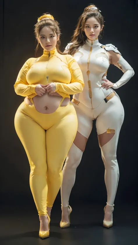 (highest quality、8k、32k、masterpiece、Ultra-high resolution:1.2、Perfect body beauty:1.2、Wearing a futuristic hero suit that glows pale yellow and white:1.5、Cute 25 year old White woman、Big and ample breasts:1.5、Upper Body、front、Simple Background、Looking at t...