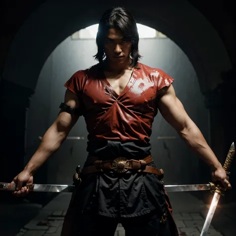 Japanese animated sword man named kairo have bloody sword and good posture 