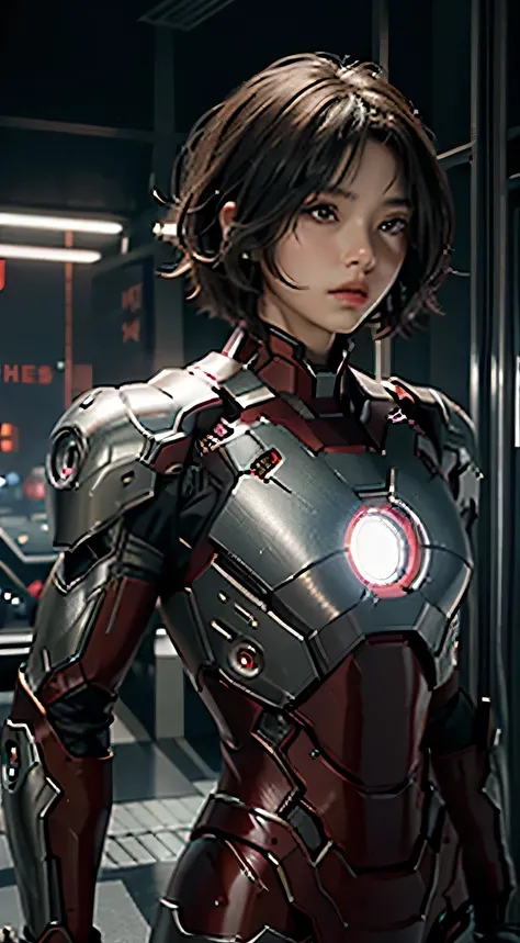 Iron Man, wearing a sleek Mark 50 helmet and red-silver armor with red glowing lights, has a shining COS.TV logo on his chest. The background is a virtual digital world that simulates a neon grid, a visually stunning world made up entirely of shows and bro...