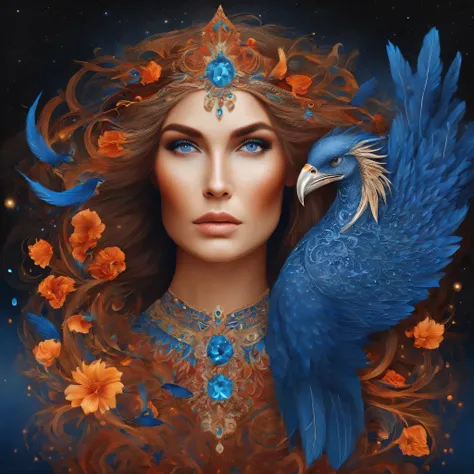 Create a masterpiece, Phoenix fire bird with a woman&#39;s face, Blue eyes. In the background there is the moon and the constellation Cancer. Fire avalanche below. Ashes. To create with paints. Ukrainian ornament in hair and clothes