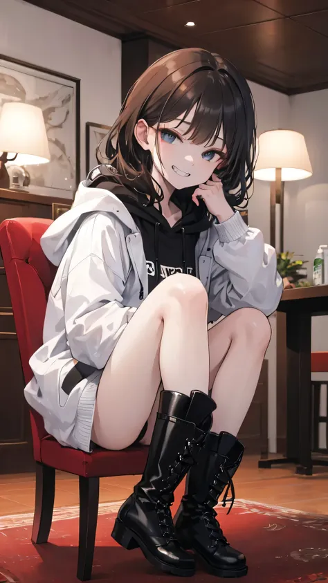 ultra-detailed , best quality, high resolution, master piece ,beautiful eyes, Female 3P、cute、evil grin、Inside the Hotel、Sitting、
black and White hoodie、Red and black hoodie、White hoodie、((black platform boots))、perfect finger、
Brown Hair、Black Hair、Black H...