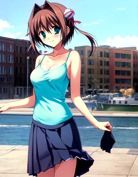 asakura_yume,brown hair,medium chest,aqua eye,white skin,city,((are standing)),smile,((breast augmentation)),((((navy blue_camis...