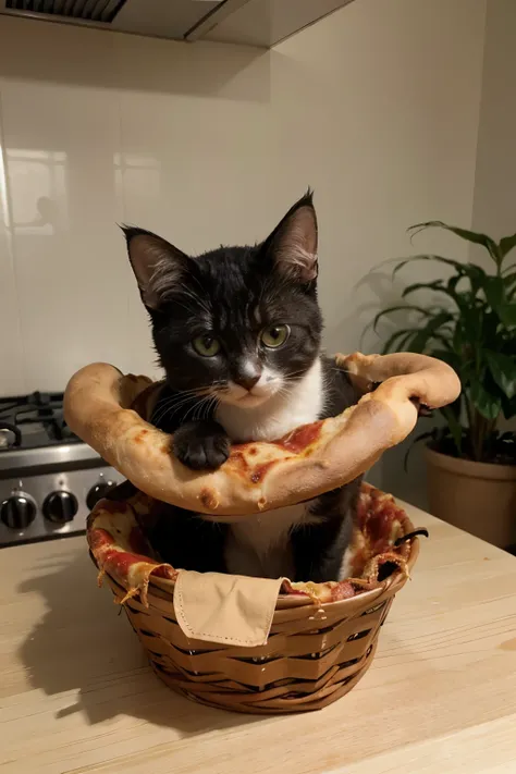 A kitty making a pizza in a flower basket
