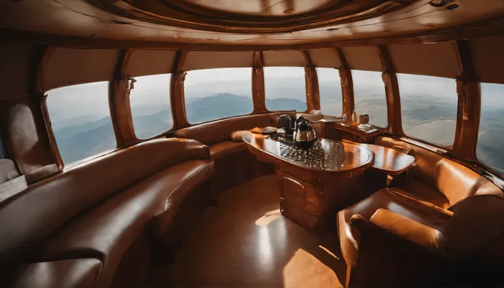 Looking down from the large windows of the passenger compartment of a large airship。The interior is like a cozy home、The time is a fine morning、There is a coffee cup on the table、All objects have precise shapes、The object is not blurred、Perfect photo、Actua...