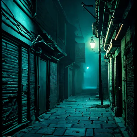 A spooky fantasy-like back alley at night