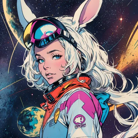 ultimate best quality,beautiful woman,speech bubble,big brest,galaxy,60s,70s,80s,colorful,cosmo,space,((rabbit)),