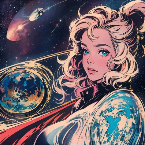 ultimate best quality,beautiful woman,speech bubble,big brest,galaxy,60s,70s,80s,colorful,cosmo,space,((rabbit)),