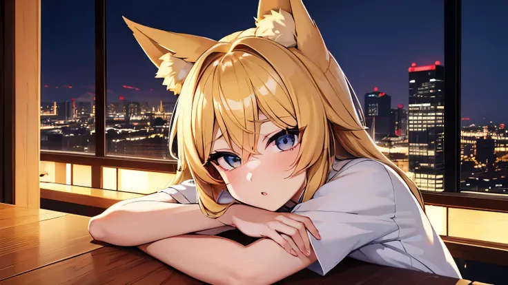 apanese girl super cute girl 18 old school girl Woman pouting lips A beautiful anime girl with blonde hair and fox ears kneels on a rooftop at night.