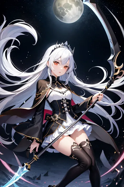 （（（highest quality、Masterpiece、Normal body、8k、Detailed face、Ultra-precision、Normal hand、Normal finger、５Finger、Highest）））Golden and silver hair、Princess、brave、Twilight Dress、White and black skirt、Shiny Tiara、metal boots、Death Scythe、Fantasy scythe、disaster々...