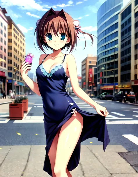 asakura_yume,Brown Hair,Medium Chest,Aqua Eye,White skin,city,((Are standing)),smile,((Breast augmentation)),(((Navy blue_Camisole long dress_Knee-length))),((valley)),No bra,smile,