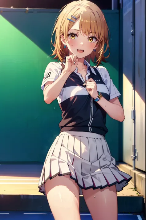 irohaisshiki, Iroha Isshiki, short hair, Brown Hair, (Brown eyes:1.5), happy smile, smile, Open your mouth,smile,
Tennis uniform, Hair Clip, Earrings, jewelry, nm1, Hair Ribbon, short hair, tennis cosplay, (Pleated super short skirt:1.4), (Thighs:1.3), (la...