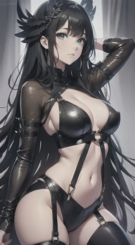 top quality、Top image quality、​Masterpiece、girl with((cute little perfect big bust、beautiful green eyes、Breasts wide open, long Black hair with bangs、A slender one、body harness)）high quality、beautiful art、background with((big white room、white lighting)), W...