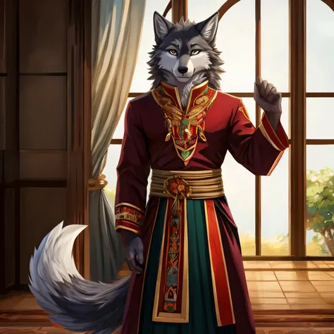 Anthro wolf, standing, relaxed, looking at viewer, imperial clothes