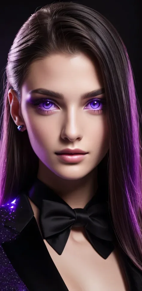 female model close up с черными волосами, ((black tie)), Portrait of a Space Cadet Girl, portrait knights zodia woman, female model close up, , with glowing purple eyes,