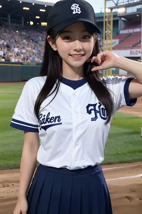 innocent teenage girl、small breasts、((baseball girl、uniform、baseball cap、baseball bat))、smile、perfect white teeth、black hair、raw...