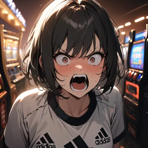 best quality, masterpiece, 1girl, solo, short hair, wolf cut, sport outfit, adidas, screaming, angry, standing behind the slot machine, casino in background, close up