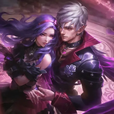 anime couple with purple hair and purple hair posing for a picture, wlop and sakimichan, ruan jia and artgerm, artgerm and genzoman, artgerm and ben lo, artgerm and ruan jia, extremely detailed artgerm, sakimichan and frank franzzeta