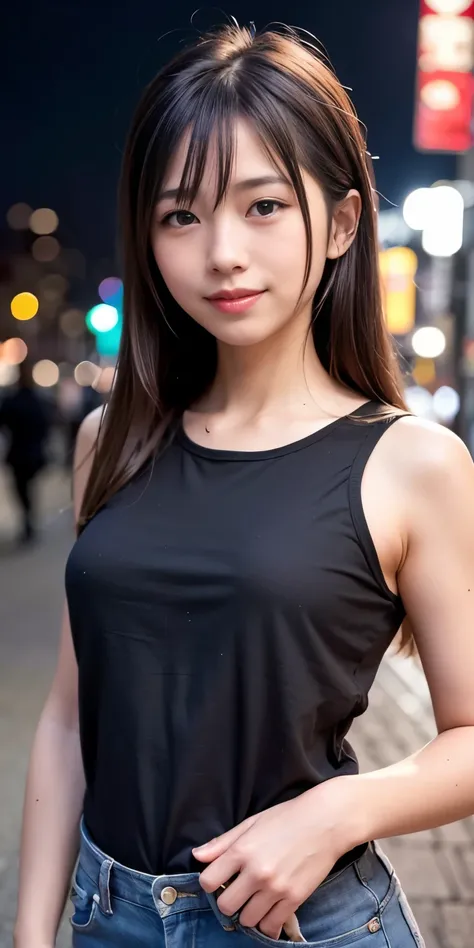 1 Girl, Tokyo Street,night, Streetscape,City lights,Upper Body,close,smile,, (8K, Raw photo, highest quality, masterpiece:1.2),(Realistic, photo-Realistic:1.37),