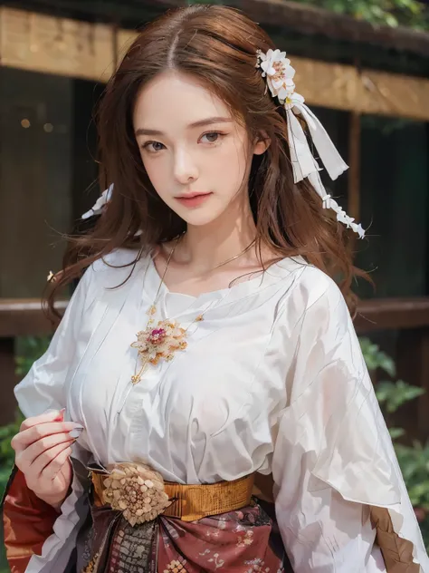 Close-up of woman with flowers in her hair, beautiful south korean women,หญิงKorean girlที่งดงาม, Korean girl, ใบหน้าKorean girlที่น่ารัก, Thai dress, Thai temple, stand holding hands, ((Hair pins))