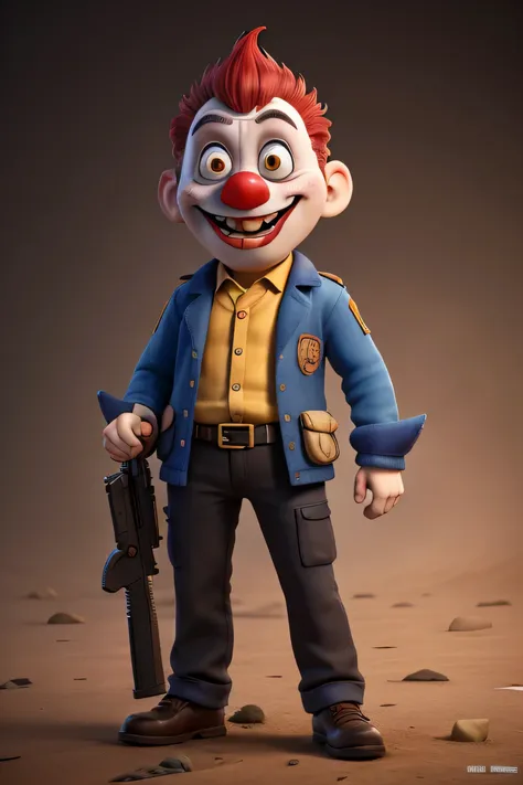 Evil clown with an ak47 gun in his hand with gold teeth