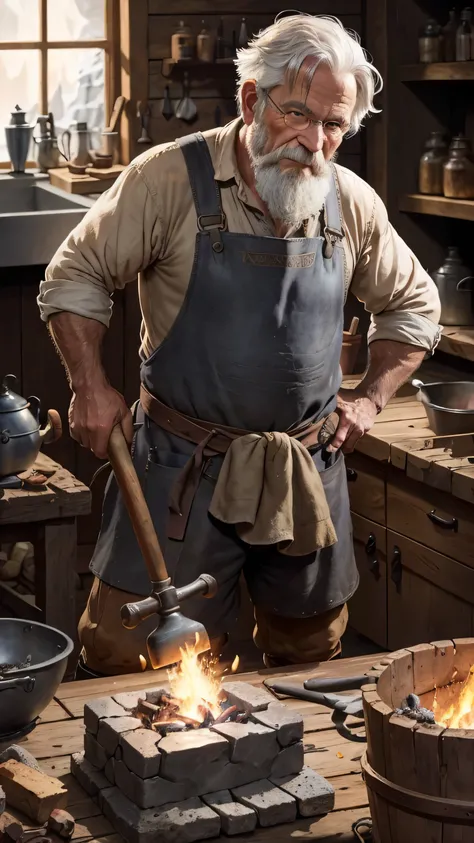 Old man blacksmith holding a hammer working at an anvil,many ashes, fire, embers, leather apron, medieval, detailed, magical, mouse watching,  fantasy art, with fire splash, anvil, hammer, swordsmanship, looking at camera, detailed eyes. 