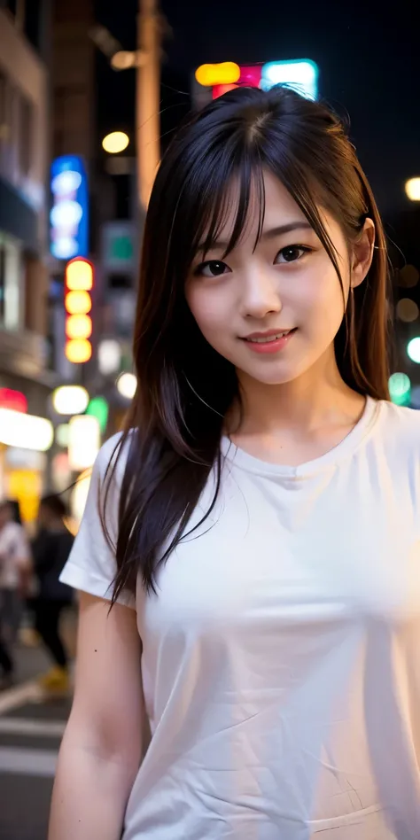 1 Girl, Tokyo Street,night, Streetscape,City lights,Upper Body,close,smile,, (8K, Raw photo, highest quality, masterpiece:1.2),(Realistic, photo-Realistic:1.37),