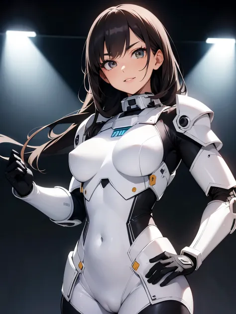 (Upper Body), (Realistic, [anime]), (3D:0.3), Dramatic lighting, ((masterpiece)),(quality),(High resolution), Tall Lady Voidstar, [[Covered Abs]], ((X-Ray Power Armor|Lined bodysuit|White power armor) Mechanical Arm), Long black hair undercut, [Wicked Smil...