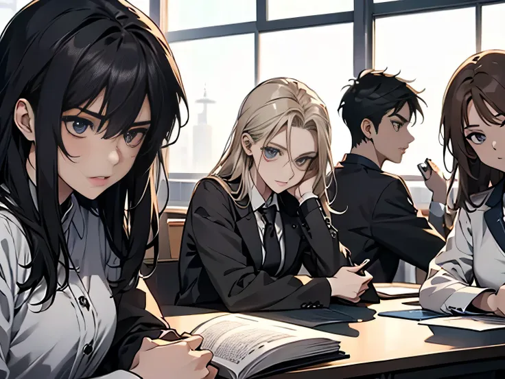 a group of students sitting and studying in the classroom，group of 2，（huge crowds of people:1.5），（shocked expression:1.5），anime ...