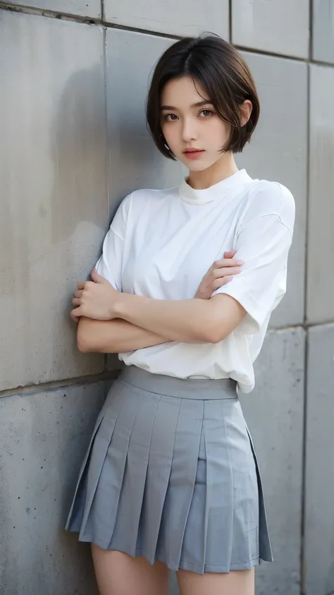 girl，Cool，full，smooth skin，short hair，Pleated Skirt ，