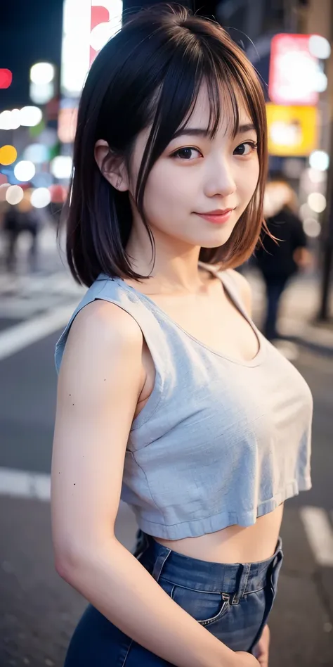 1 Girl, Tokyo Street,night, Streetscape,City lights,Upper Body,close,smile,, (8K, Raw photo, highest quality, masterpiece:1.2),(Realistic, photo-Realistic:1.37),