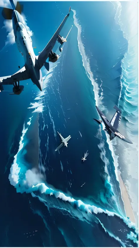 There are many planes flying over large bodies of water, incredible depth, airplanes bombing the beach, Amazing depth, Amazing Art, Amazing wallpapers, 3D epic illustration, Amazing Art品, Beautiful digital art work, Beautiful 3D concept art, Raz!!!, Turbul...