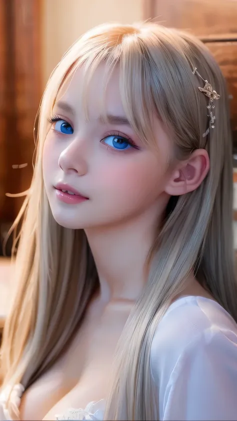 Extraordinary sexy beauty、Beautiful, A kind and bright expression、Sexy and refreshing look、Perfect beautiful pretty face、Super long ponytail、bangs over eyes、Hair on the face、Super long, natural platinum blonde straight hair with a mysterious shine、Beautifu...