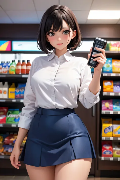 (((Masterpiece))), (((High resolution))), (((8K))), (((Perfect face))), (((Convenience store part))), 36 years old, (( (Beautiful face))), (((Skirt length is abnormally short)))), (((Embarrassing expression))), Blushing, Looking at the camera, (Thighs), Su...