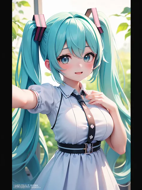 (masterpiece、highest quality、highest quality、Official Art、Beautiful and beautiful:1.2)、(One girl:1.3)Hatsune Miku、Twin tails,Big Breasts,(Take a selfie, Bird&#39;s-eye view: 1.4), (Straight half of the body: 1.4), Portrait photo of a 24-year-old blonde in ...